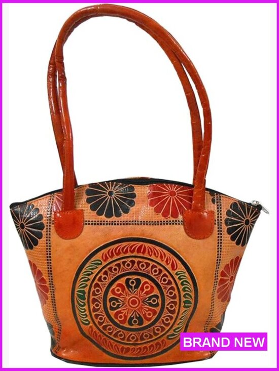 Handbags - Hand Embossed Leather Shoulder Bag Vintage Ethnic Baguette Purse Zippered
